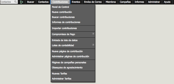 Menú de CiviCRM para Contribuciones