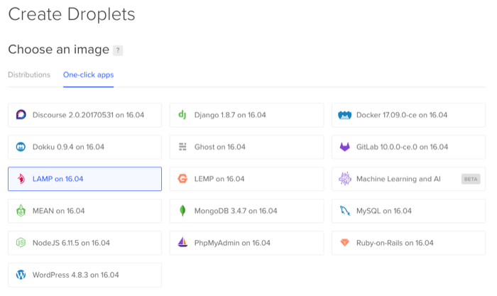 Elige tu distribución en DigitalOcean