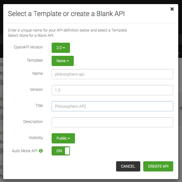 Cuadro de creación de la API swagger