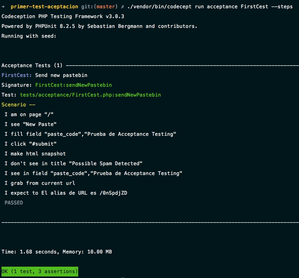 Acabamos el primer test con Codeception