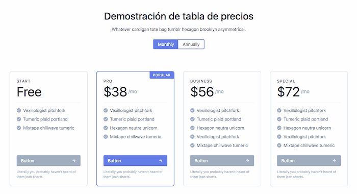 Tabla de precios con TailwidnCSS